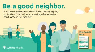 Be A good neighbor text with a group of friends waving