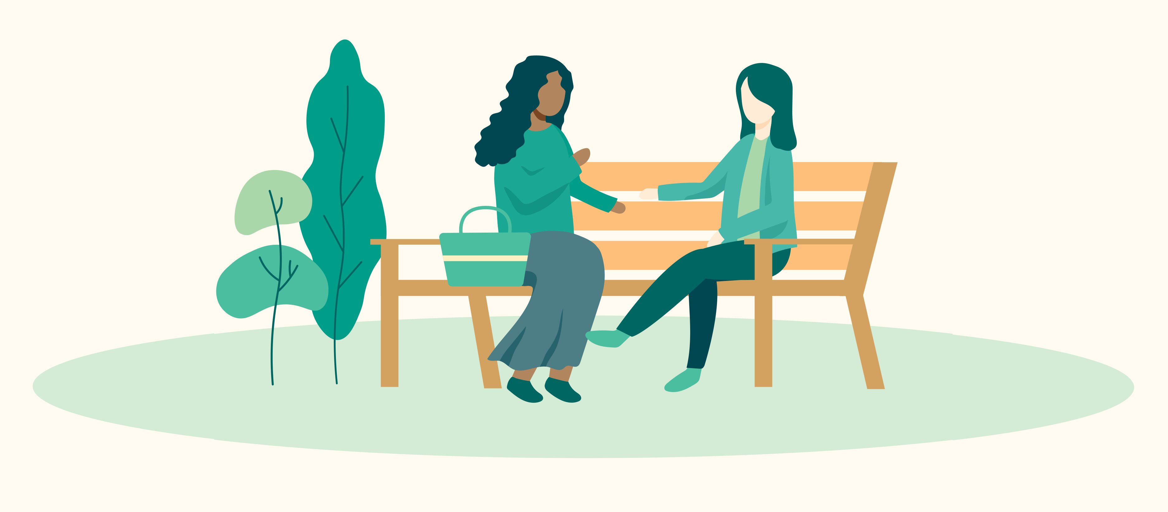 Illustration of people on bench talking to each other