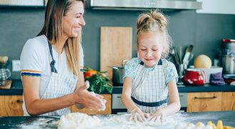 young mom and daughter baking in the kitchen